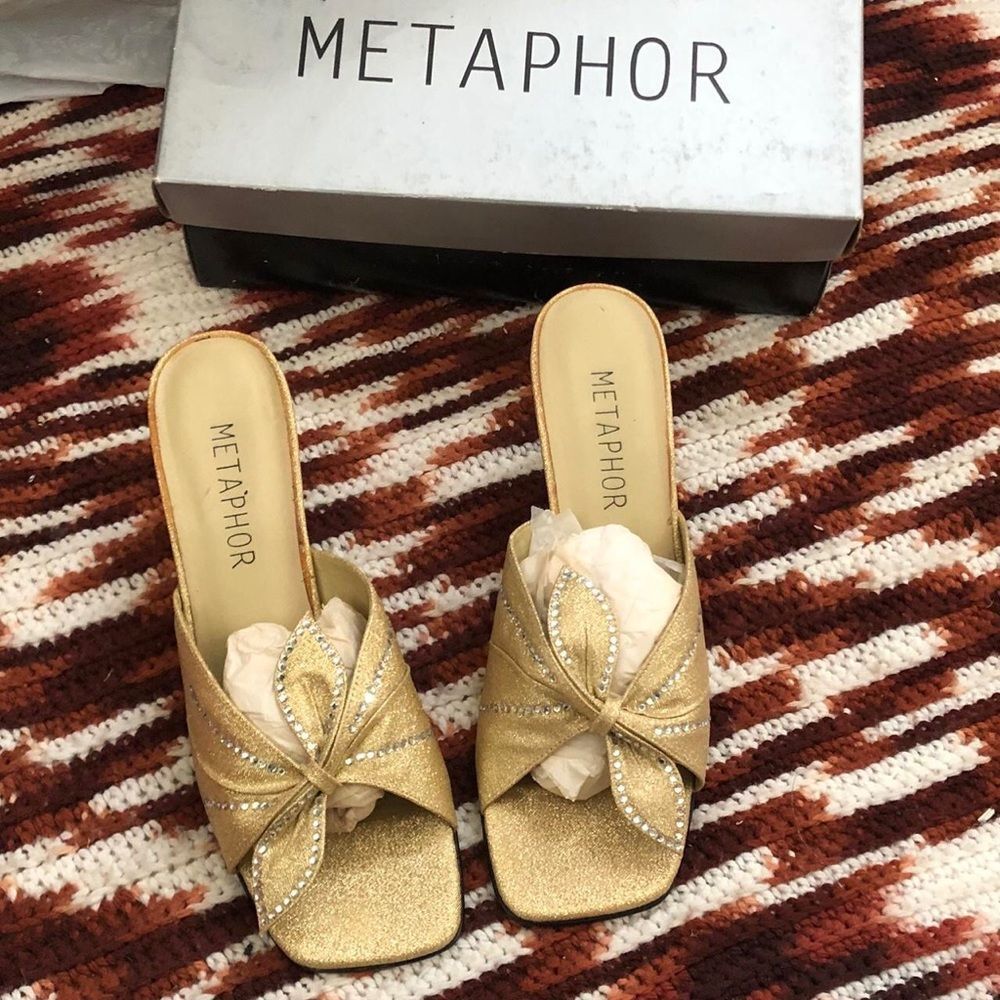 VTG Gold Glitter Glam Rhinestone Party Glamour Evening Kitten Heels Pumps Mules